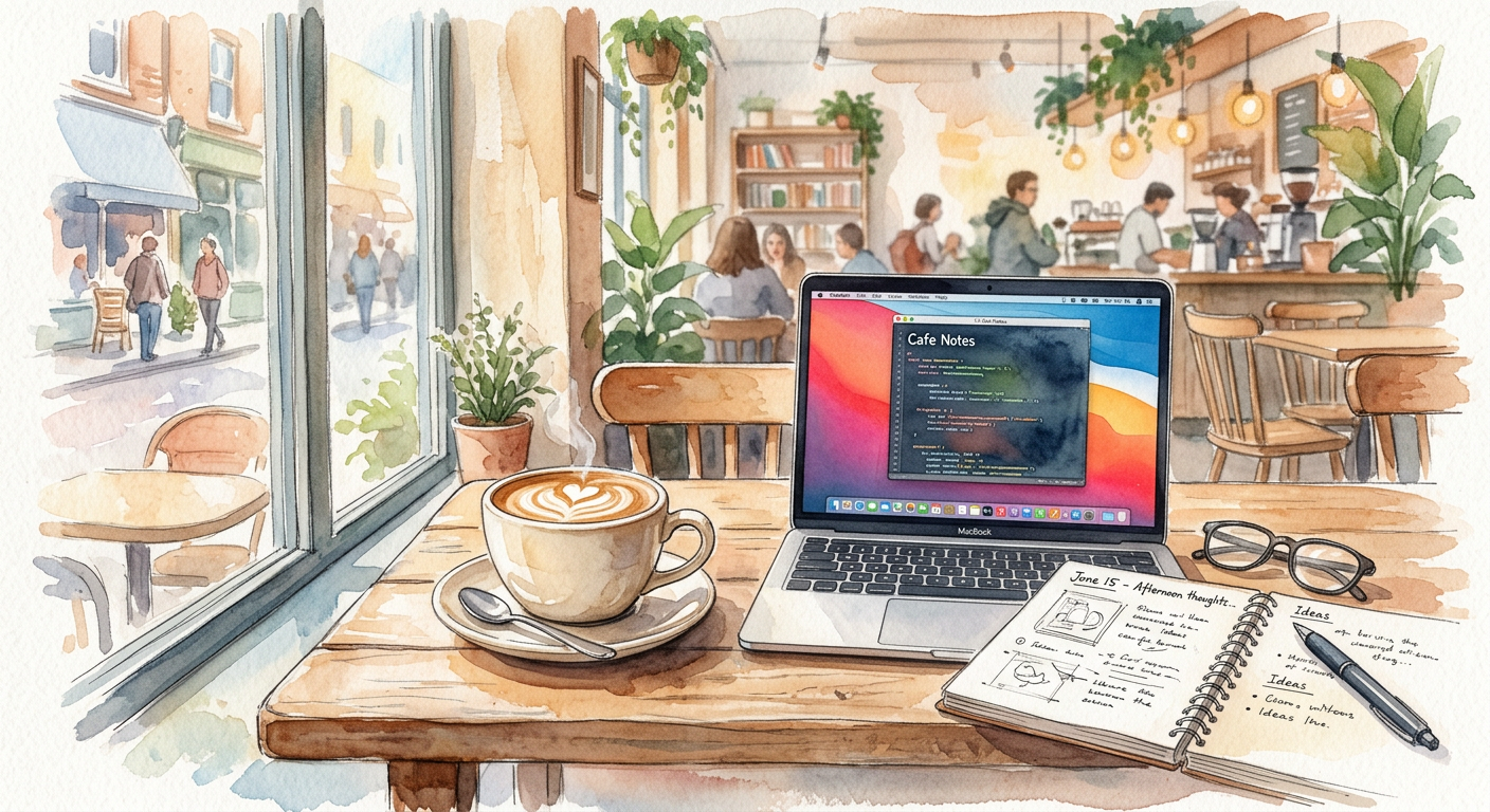 ナノバナナで生成した水彩画風カフェのイラスト