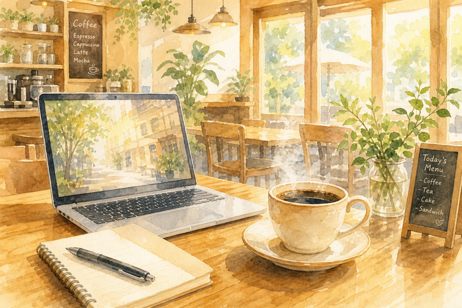 ChatGPTで生成した水彩画風カフェのイラスト